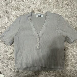 Ribbed V-Neck Button Cropped Top - Taupe